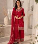 Festive red silk party wear kurti pant set with elegant zari work