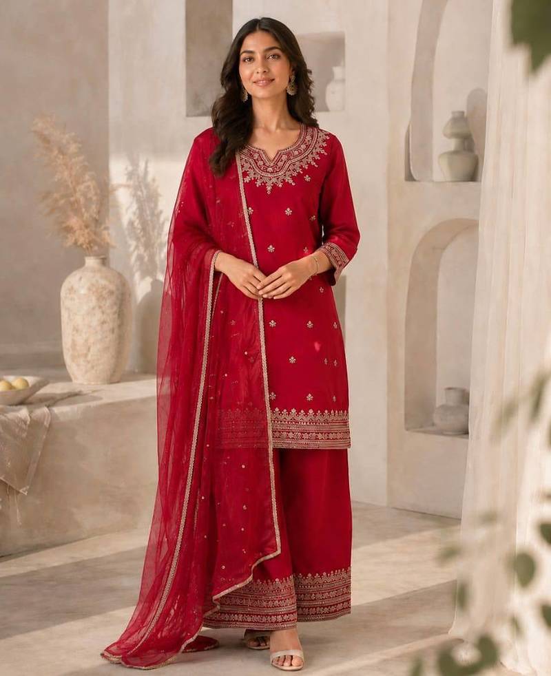 Festive red silk party wear kurti pant set with elegant zari work