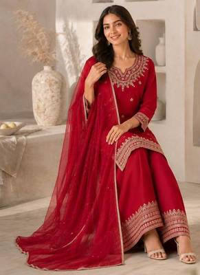 Festive red silk party wear kurti pant set with zari work 2