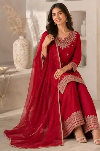 Festive red silk party wear kurti pant set with elegant zari work
