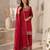 Festive red silk party wear kurti pant set with elegant zari work