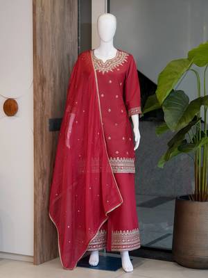 Festive red silk party wear kurti pant set with zari work 4