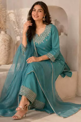 Turquoise blue silk embroidered kurta pant set with dupatta