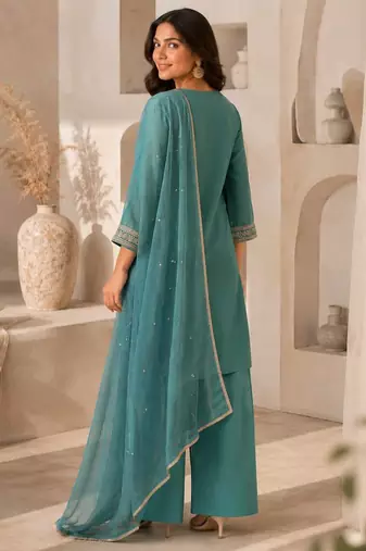 Turquoise blue silk embroidered kurta pant set with dupatta