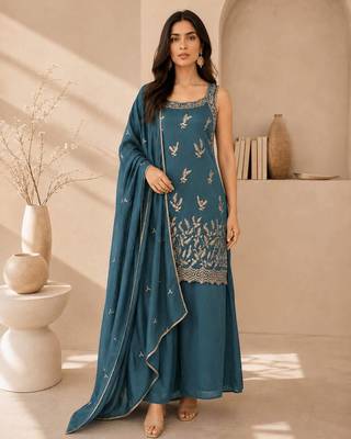 Teal blue embroidered georgette straight kurta with palazzo and dupatta set 1