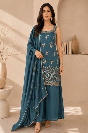 Teal blue embroidered georgette straight kurta with palazzo and dupatta set