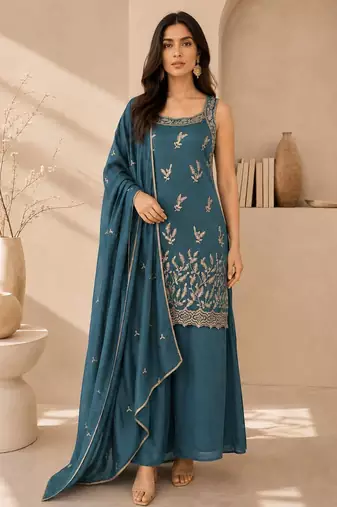 Teal blue embroidered georgette straight kurta with palazzo and dupatta set