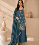Teal blue embroidered georgette straight kurta with palazzo and dupatta set
