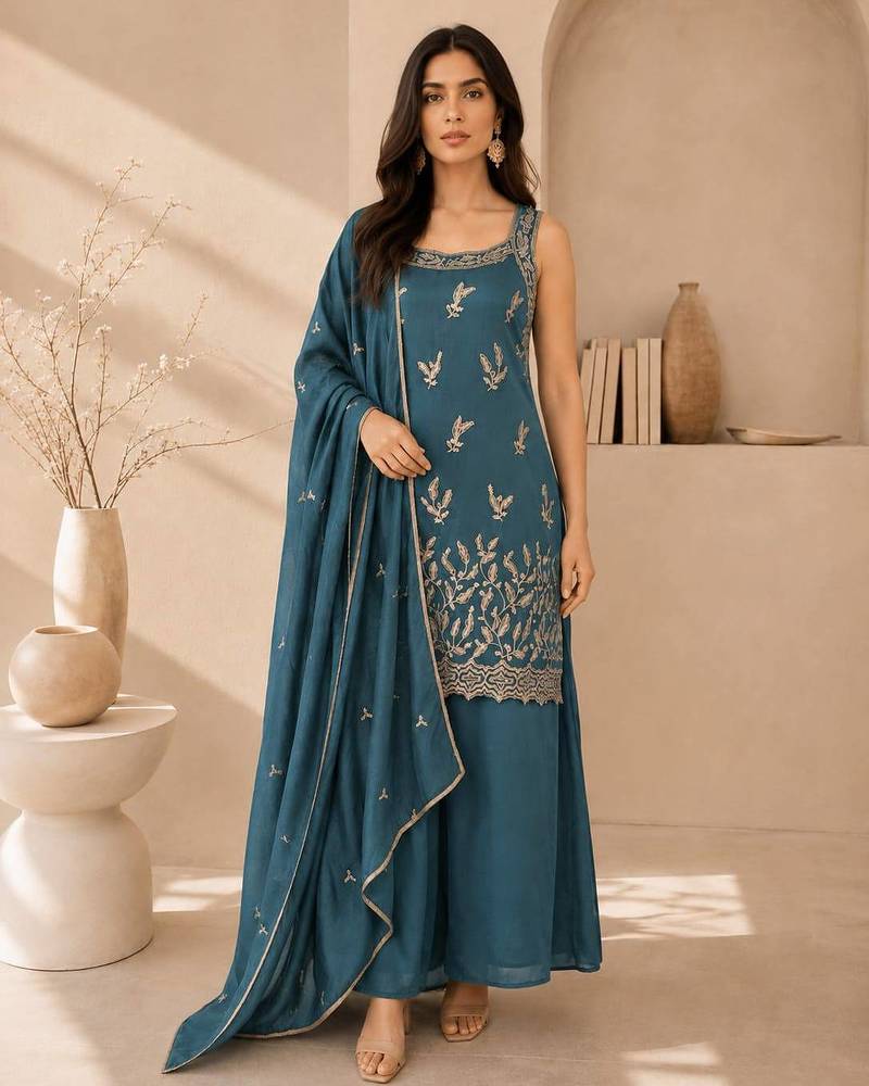 Teal blue embroidered georgette straight kurta with palazzo and dupatta set