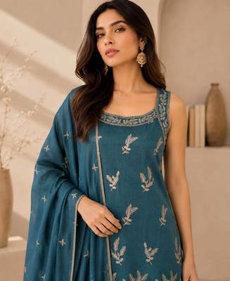 Teal blue embroidered georgette straight kurta with palazzo and dupatta set 2