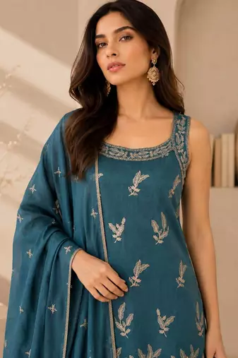 Teal blue embroidered georgette straight kurta with palazzo and dupatta set
