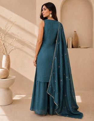 Teal blue embroidered georgette straight kurta with palazzo and dupatta set 3