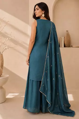 Teal blue embroidered georgette straight kurta with palazzo and dupatta set