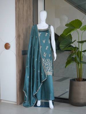 Teal blue embroidered georgette straight kurta with palazzo and dupatta set 4
