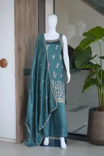 Teal blue embroidered georgette straight kurta with palazzo and dupatta set