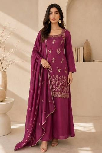 Wine embroidered georgette straight kurta with palazzo and dupatta set