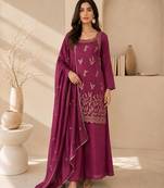Wine embroidered georgette straight kurta with palazzo and dupatta set