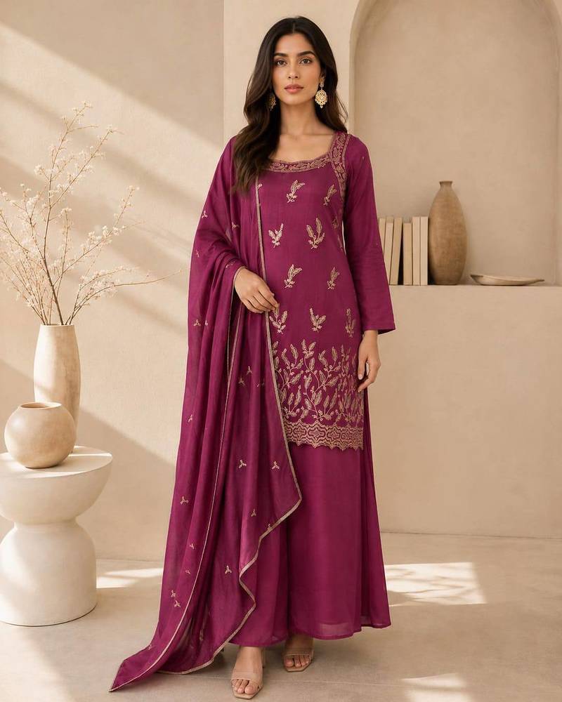 Wine embroidered georgette straight kurta with palazzo and dupatta set