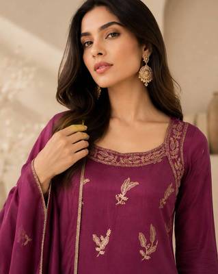 Wine embroidered georgette straight kurta with palazzo and dupatta set 2