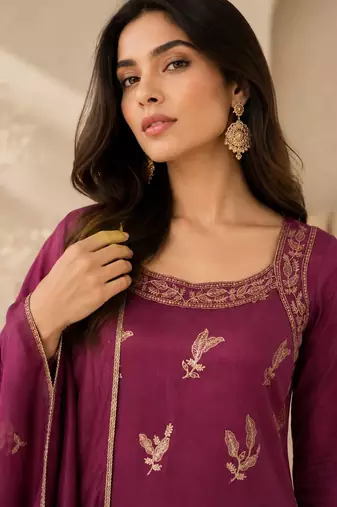 Wine embroidered georgette straight kurta with palazzo and dupatta set