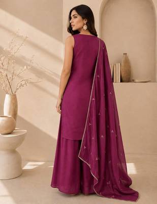 Wine embroidered georgette straight kurta with palazzo and dupatta set 3
