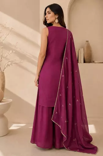 Wine embroidered georgette straight kurta with palazzo and dupatta set