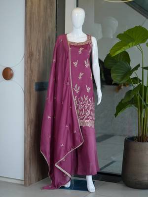 Wine embroidered georgette straight kurta with palazzo and dupatta set 4