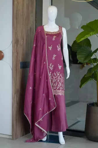 Wine embroidered georgette straight kurta with palazzo and dupatta set
