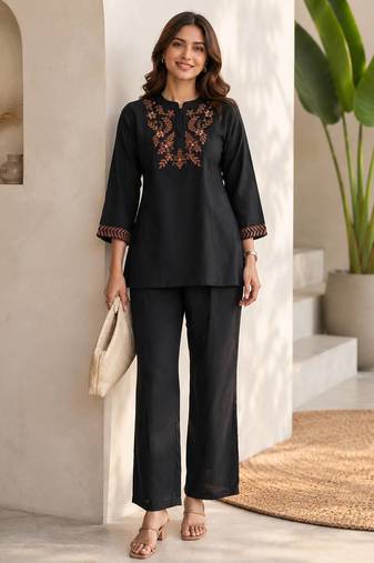 black embroidered cotton co-ord set for women