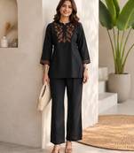 black embroidered cotton co-ord set for women