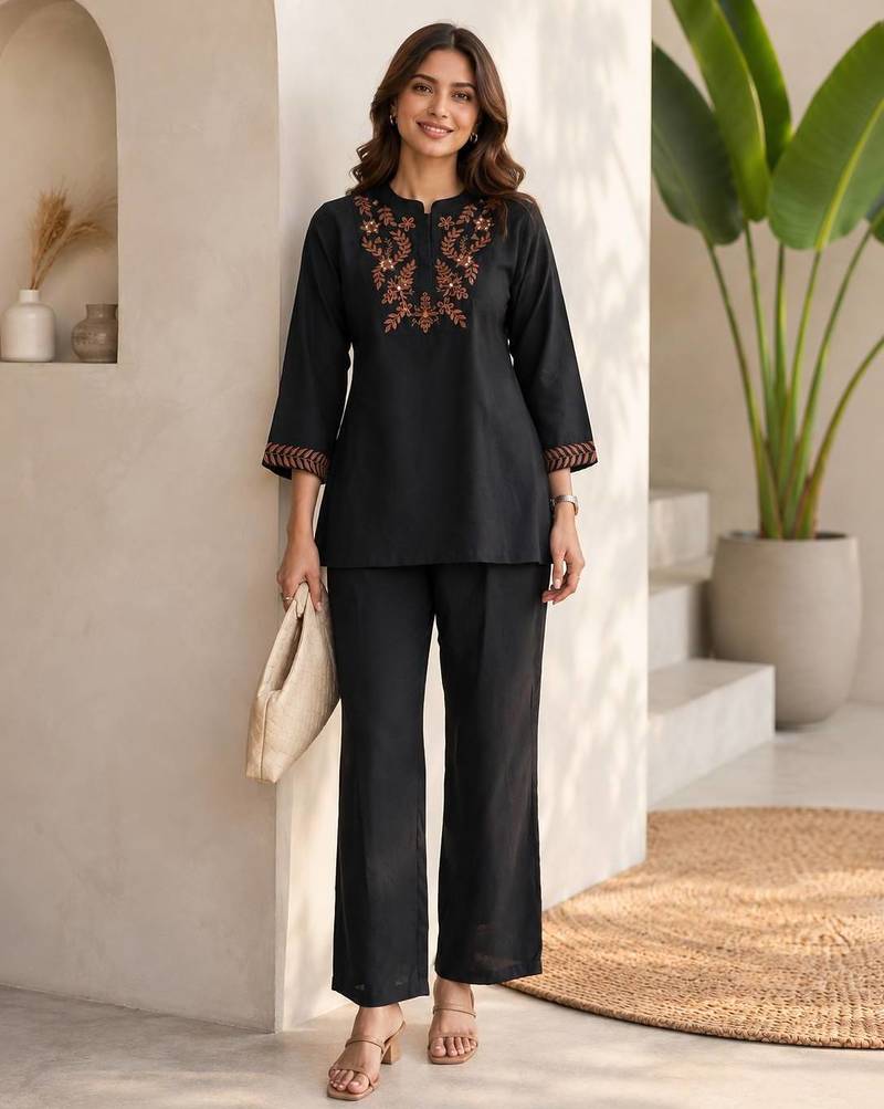 black embroidered cotton co-ord set for women