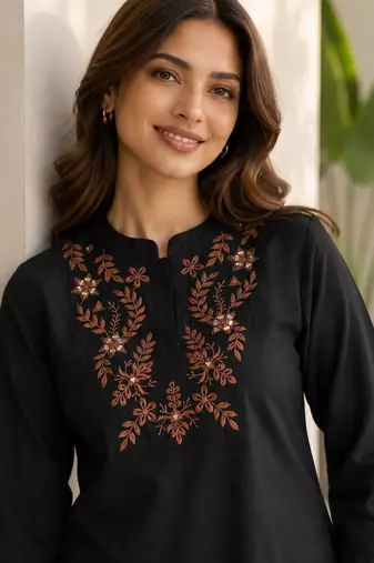 black embroidered cotton co-ord set for women