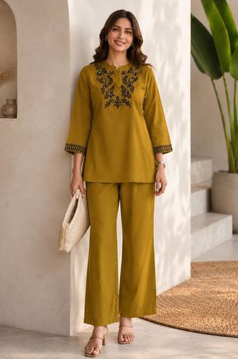 Mustard green embroidered cotton co-ord set for women