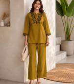 Mustard green embroidered cotton co-ord set for women