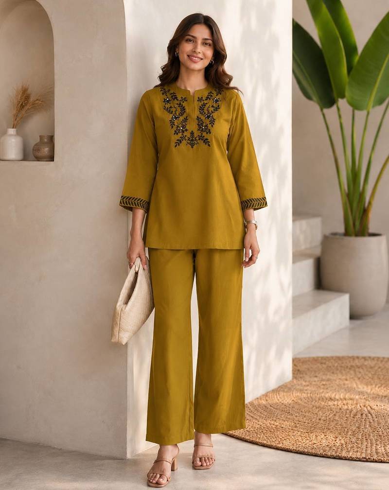 Mustard green embroidered cotton co-ord set for women