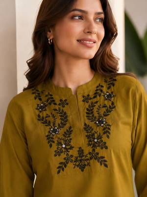 Mustard green embroidered cotton co-ord set for women 2