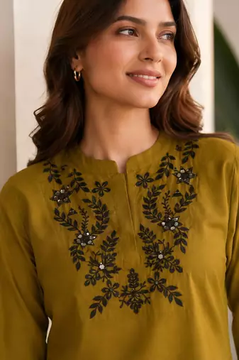 Mustard green embroidered cotton co-ord set for women