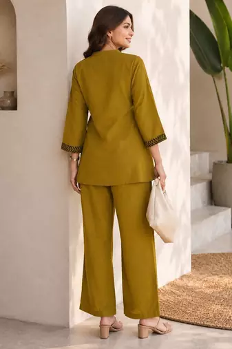 Mustard green embroidered cotton co-ord set for women