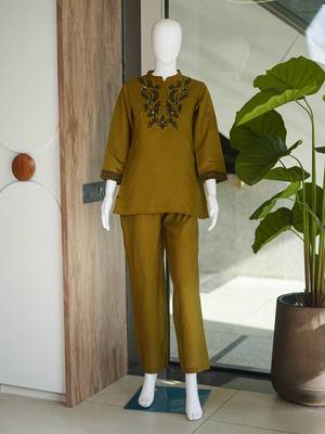 Mustard green embroidered cotton co-ord set for women 4