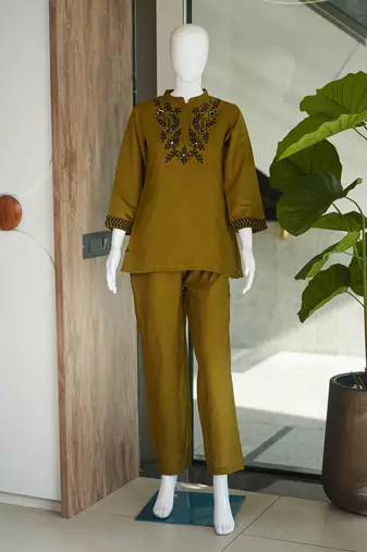 Mustard green embroidered cotton co-ord set for women
