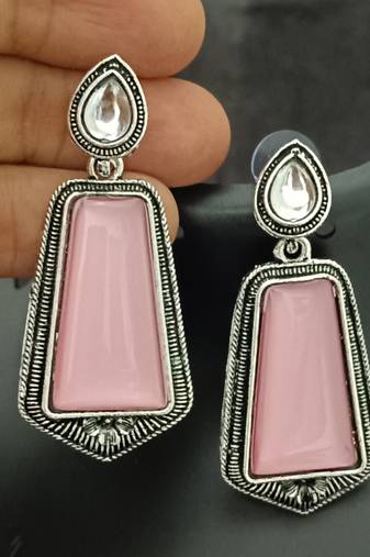 Pink monalisa cz stones silver plated earrings set