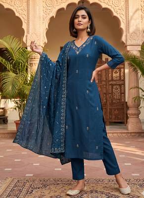 Ready-to-wear dark blue chinon salwar suit set with thread and sequence work set 1