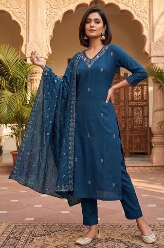 Ready-to-wear dark blue chinon salwar suit set with thread and sequence work set