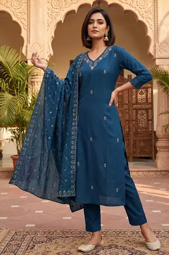 Ready-to-wear dark blue chinon salwar suit set with thread and sequence work set