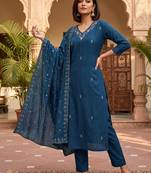 Ready-to-wear dark blue chinon salwar suit set with thread and sequence work set