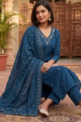 Ready-to-wear dark blue chinon salwar suit set with thread and sequence work set
