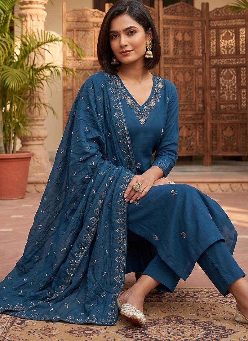 Ready-to-wear dark blue chinon salwar suit set with thread and sequence work set