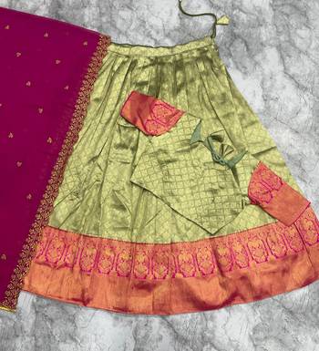 Pista Green Jacquard Silk Traditional Lehenga Choli with Deep Magenta Dupatta 2