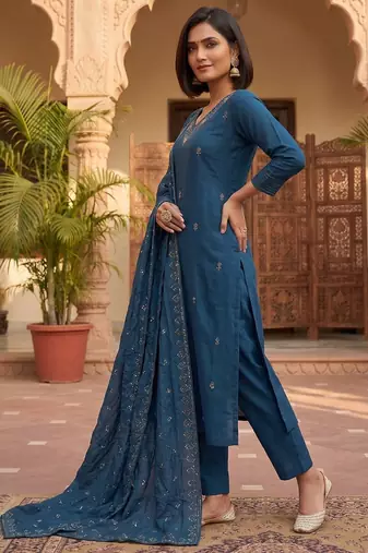 Ready-to-wear dark blue chinon salwar suit set with thread and sequence work set