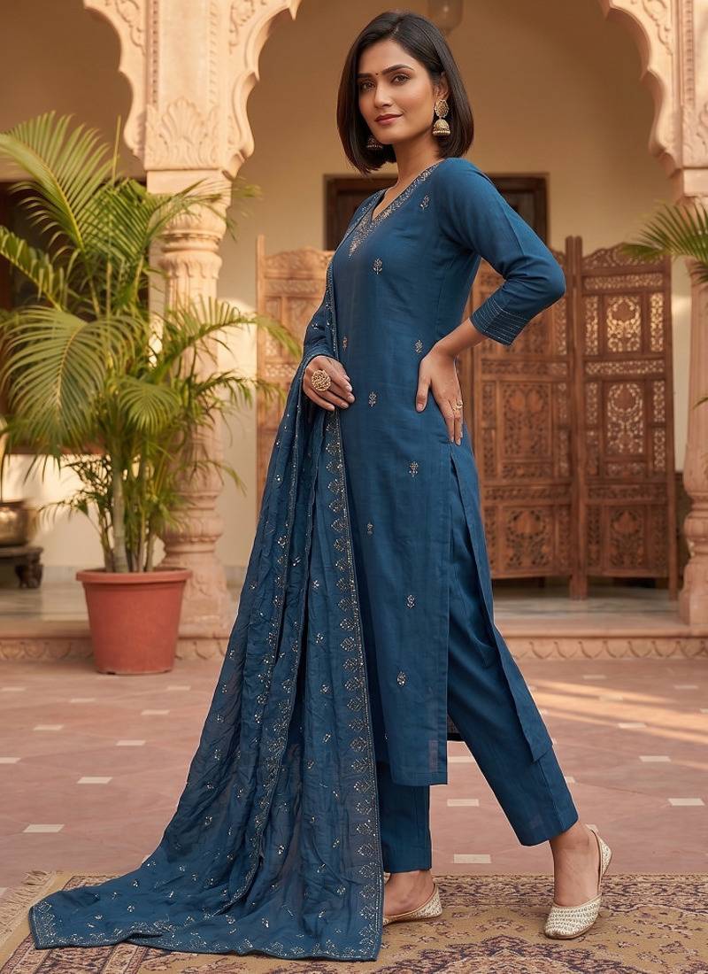 Ready-to-wear dark blue chinon salwar suit set with thread and sequence work set